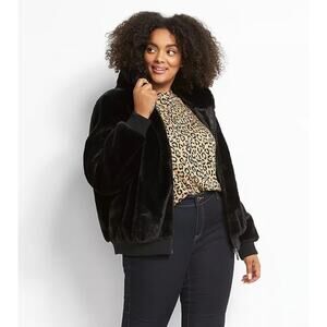 Lane Bryant Women’s Black Faux-Fur Hooded Bomber Jacket Size 18/20 NWT